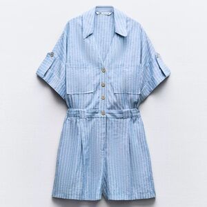 ZARA Blue Striped Button-Up Romper Linen blend
